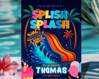 Pool Party Invitation Splash Birthday Water Slide Invite Editable Canva Template Kids Summer Bash Printable Digital Download