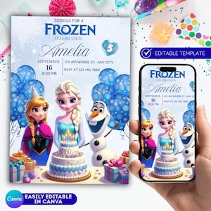 Può includere: Un invito di compleanno a tema Frozen con Elsa, Anna e Olaf. L'invito include il nome "Amelia", la data, l'ora e le informazioni RSVP. Il design include palloncini blu, una torta e scatole regalo. Facilmente modificabile in Canva.
