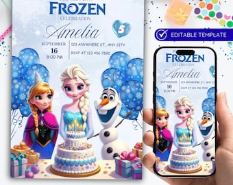 Invito di compleanno Frozen modificabile: festa di Elsa e Anna (download digitale)
