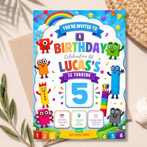 Peut inclure: Une carte d'invitation d'anniversaire colorée avec des personnages en blocs, un arc-en-ciel et le texte : YOU'RE INVITED TO A BIRTHDAY CELEBRATION OF LUCAS'S IS TURNING 5, SATURDAY JUNE 28TH 2026, 4:00 PM TILL 7:00 PM, SPLASH ZONE 123 PLACE ABC CITY, RSVP 123-456-7890.