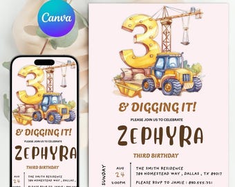 Invito di compleanno a tema edilizia: festa con camion con cassone ribaltabile ed escavatore (download digitale Canva)