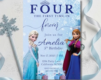 Sjabloon Frozen verjaardagsuitnodiging, Elsa Anna verjaardagsuitnodiging voor meisjes, bewerkbare Canva winterprinses digitale download