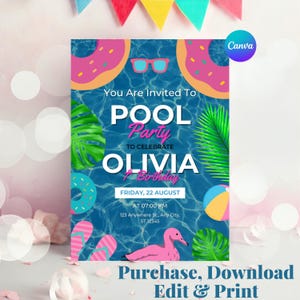 Editable Pool Party Invitation Summer Birthday Party Pool Beach Party Glow Neon Invite CANVA Instant Download Editable