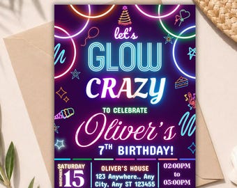 Editable Glow Crazy Birthday Invitation, Neon Glow Party Invite, Kids Glow Birthday Canva Template, Neon Party Invite, Instant Download
