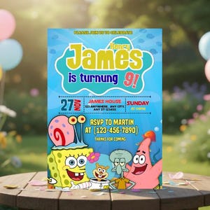 Underwater SpongeBob birthday invite, kids ocean theme party invitation, editable Canva download