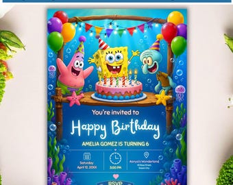 Plantilla de invitación de cumpleaños con diseño de bizcocho, invitación editable para fiesta temática submarina, descarga de Canva para cumpleaños infantiles imprimibles.
