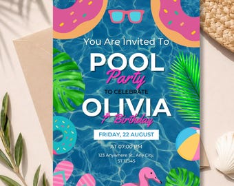 Invito di compleanno per festa in piscina, modello modificabile su Canva, festa estiva tropicale, download digitale stampabile.