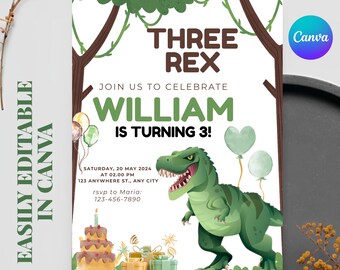 Verjaardagsuitnodiging Three Rex-dinosaurus: bewerkbare canva-sjabloon (digitale download)