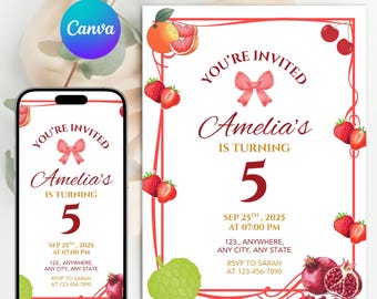Strawberry First Birthday Invitation: Pink Gingham, Berry Sweet (Digital Download, 5x7 in