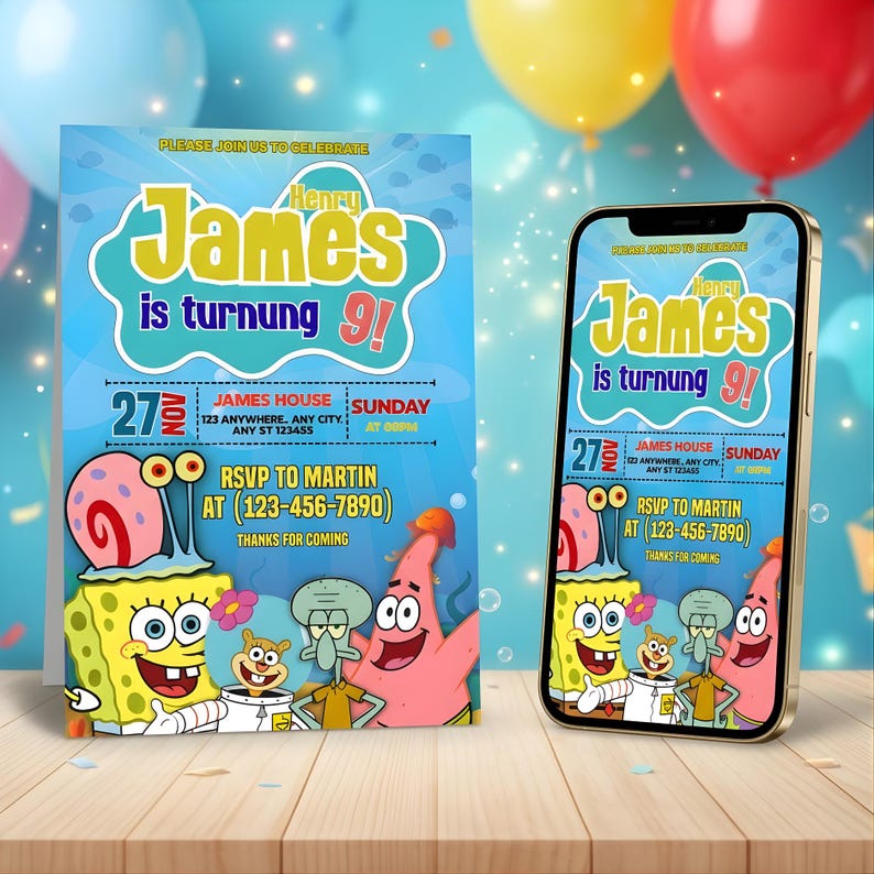 Editable SpongeBob invitation template printable kids birthday party invite