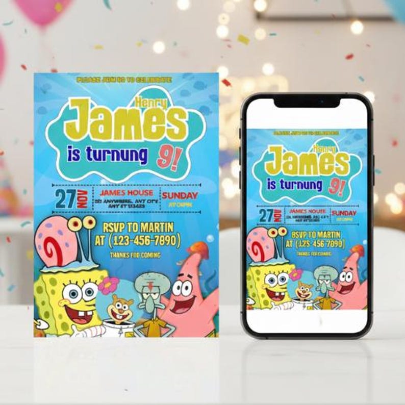 SpongeBob birthday invitation editable Canva template under the sea party invite