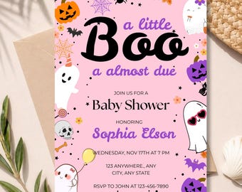 Halloween Baby Shower Invitation Template, A Little Boo Is Almost Due, Pink Ghost Baby Shower Invite, Digital Download