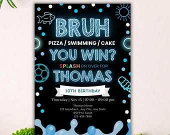 Pool Party Birthday Invitation Editable Template, Kids Splash Birthday Invite, Summer Neon Canva Invite, Swim Party Digital Download