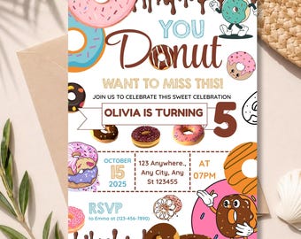 Editable Donut Birthday Invitation, Sweet Donut Party Invite, Donut Theme Birthday Canva Template, Printable Digital Download