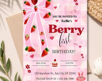 Berry First Birthday Invitation Canva Template, Strawberry Birthday Invite, Berry Sweet Party Invitation, Editable Pink 1st Birthday Invite