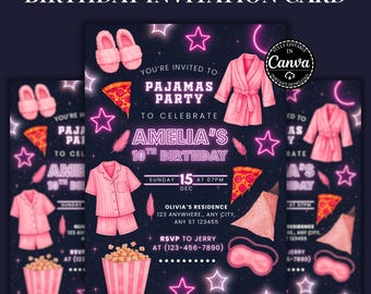 Invitación de cumpleaños para fiesta de pijamas: Plantilla editable de Canva de 5x7 para fiesta de pijamas de chicas.