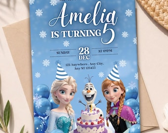 Frozen 5th Birthday Invitation, Elsa & Anna Princess Party, Editable Canva Template, Digital Download