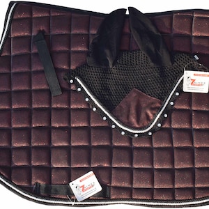 Burgundy Glitter Saddle Pad Set Matching Ear Bonnet | Equestrian Show Gear | Horse Riding Matchy Set | Dressage or Jumping Zainee Sports