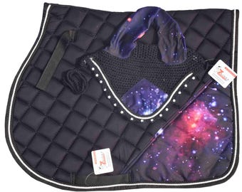 Galaxy White Saddle Pad Set + Matching Ear Bonnet – Horse Riding Gear – Western or English Show Barn Dressage, Hunter/Jumper Zainee Sports