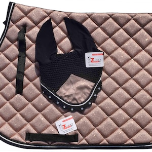Rose Gold Glitter Saddle Pad Set Matching Ear Bonnet | Equestrian Show Gear | Horse Riding Matchy Set | Dressage or Jumping Zainee Sports