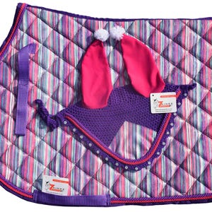 Multi Floral Glitter Saddle Pad Set Matching Ear Bonnet | Equestrian Show Gear | Horse Riding Matchy Set | Dressage or Jumping Zainee Sports