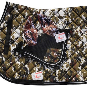 Camo White Saddle Pad Set + Matching Ear Bonnet – Horse Riding Gear – Western or English Show Barn Dressage, Hunter Zainee Sports