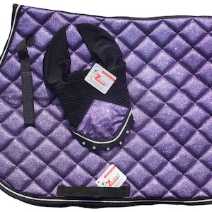 Purple Glitter Saddle Pad Set Matching Ear Bonnet | Equestrian Show Gear | Horse Riding Matchy Set | Dressage or Jumping Zainee Sports