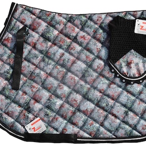 Teal Floral Glitter Saddle Pad Set Matching Ear Bonnet | Equestrian Show Gear | Horse Riding Matchy Set | Dressage or Jumping Zainee Sports
