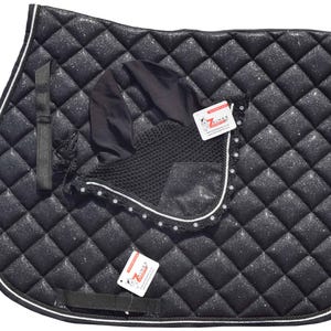 Black Glitter Saddle Pad Set Matching Ear Bonnet | Equestrian Show Gear | Horse Riding Matchy Set | Dressage or Jumping/Hunter Zainee Sports
