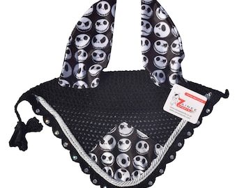 Handmade Horse Ear Bonnet Jack Skelton Print – Custom Crochet Fly Veil with Ears | Equestrian Riding Gear | Personalized Horse Tack
