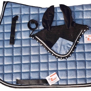 Dark skyblue Glitter Saddle Pad Set Matching Ear Bonnet | Equestrian Show Gear | Horse Riding Matchy Set | Dressage or Jumping Zainee Sports