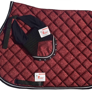 Red Glitter Saddle Pad Set Matching Ear Bonnet | Equestrian Show Gear | Horse Riding Matchy Set | Dressage or Jumping Zainee Sports