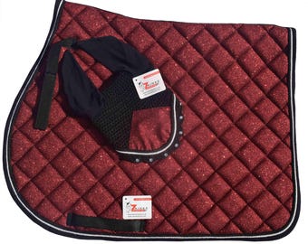 Red Glitter Saddle Pad Set Matching Ear Bonnet | Equestrian Show Gear | Horse Riding Matchy Set | Dressage or Jumping Zainee Sports