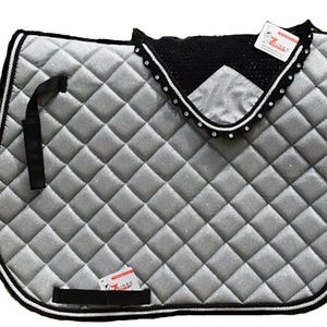 Silver Glitter Saddle Pad Set Matching Ear Bonnet | Equestrian Show Gear | Horse Riding Matchy Set | Dressage or Jumping Zainee Sports