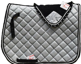 Silver Glitter Saddle Pad Set Matching Ear Bonnet | Equestrian Show Gear | Horse Riding Matchy Set | Dressage or Jumping Zainee Sports