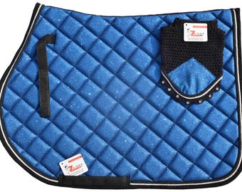 Teal Glitter Saddle Pad Set Matching Ear Bonnet | Equestrian Show Gear | Horse Riding Matchy Set | Dressage or Jumping Zainee Sports