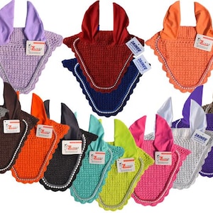 Handmade Horse Ear Bonnet Square Crystal Trim – Custom Crochet Fly Veil with Ears | Equestrian Riding Gear | Personalized Horse Tack