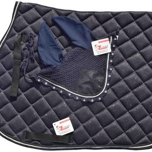 Navy Glitter Saddle Pad Set Matching Ear Bonnet | Equestrian Show Gear | Horse Riding Matchy Set | Dressage or Jumping/Hunter Zainee Sports