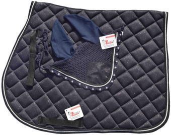 Navy Glitter Saddle Pad Set Matching Ear Bonnet | Equestrian Show Gear | Horse Riding Matchy Set | Dressage or Jumping/Hunter Zainee Sports