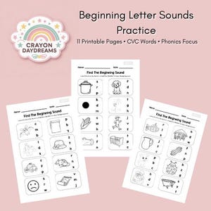 Hojas de trabajo de sonidos iniciales / 88 palabras CVC / Práctica de fonética / Imprimibles en blanco y negro / Actividad para colorear y sonidos de letras