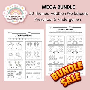 Op de afbeelding: Een bundel van 50 werkbladen met thema-optellen voor de kleuterschool en de kleuterschool. De werkbladen bevatten kleurrijke illustraties en optelsommen. De tekst "MEGA BUNDLE" en "BUNDLE SALE" worden weergegeven.