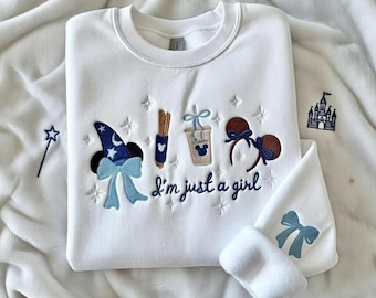 Embroidered Disney Magical Im Just A Girl Sweatshirt, Cute Disney Inspired Crewneck, Coquette Bow Magic Park Shirt, Soft Aesthetic Gift