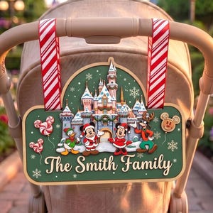 Personalized Christmas Disney Castle Stroller Sign, Custom Family Name Stroller Tag, Magical Christmas Vacation Stroller Decor, Holiday Gift