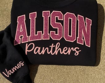 Custom Glitter Letters and Symbol Sweatshirt, Embroidered School Spirit Crewneck with Mascot Design and Personalized Sleeve Embroidery