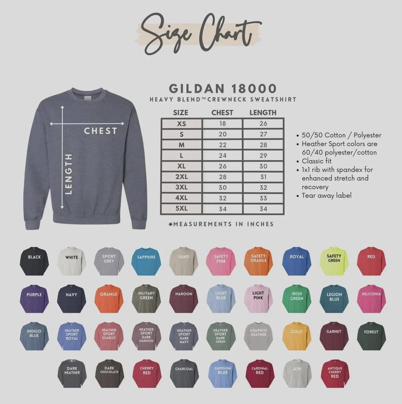 May include: A size chart for a Gildan 18000 heavy blend crewneck sweatshirt, with chest and length measurements in inches. The chart includes sizes XS to 5XL. Below the chart are color swatches, including black, white, and navy.