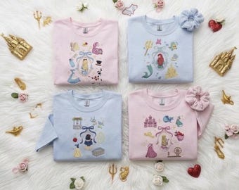 Disney Princesses and Castle Embroidered T-Shirt, Sweater Embroidered Disney Character, Fairytale-Inspired Sweatshirt for Theme Park Trip