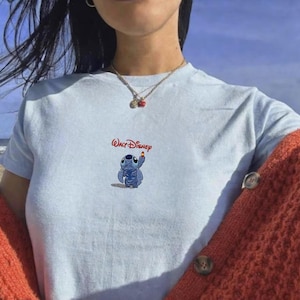 Maglietta per neonati con ricamo di Stitch e disegno di Walt Disney, ricamo del personaggio Disney Lilo & Stitch, top estivo per bambini con Stitch, completo per bambini Pixar