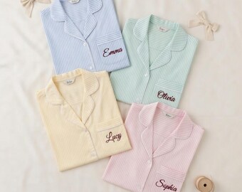 Personalized Seersucker Pajama Set, Custom Text and Date Embroidered Sleep Shorts, Bridesmaid Gift, Bridal Party Lounge Wear, Honeymoon Gift