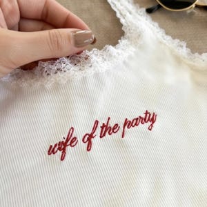 Embroidered Custom Lace Cami Top, Personalized Letter Lace Trim Tank, Spaghetti Strap Crop Top, Monogram Aesthetic Baby Tee, Gift for Her