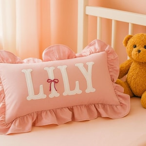 Personalized Name Pillow Cover: Embroidered Monogram Ruffle Cushion, Nursery Decor